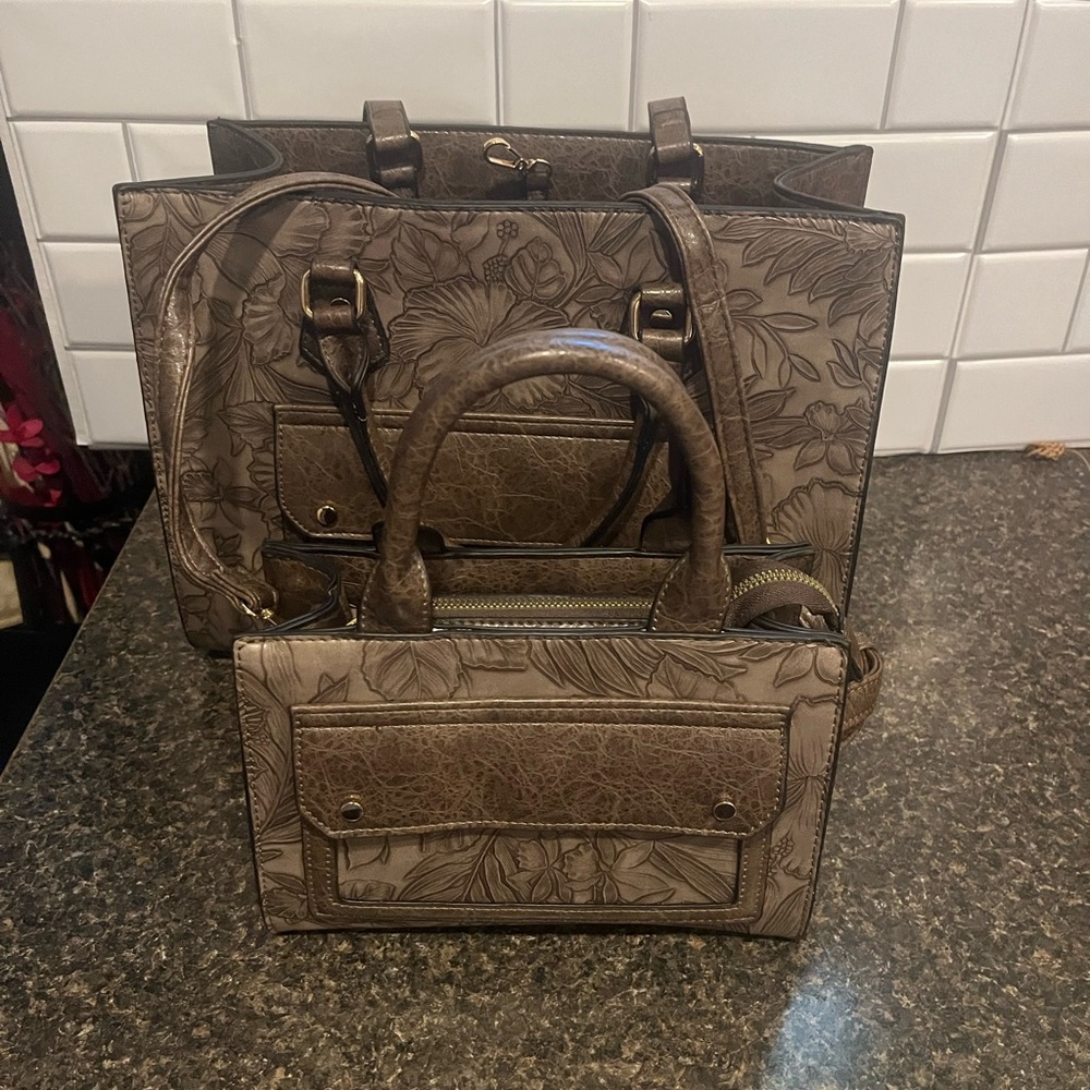Floral Embossed Brown Tote and Handbag Set